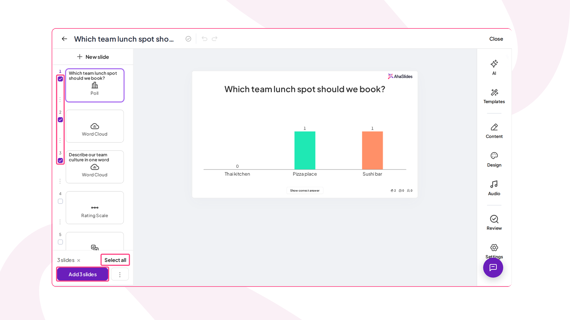 Cửa sổ tiện ích bổ sung AhaSlides trong PowerPoint với ba trang chiếu được chọn và các nút "Chọn tất cả" và "Thêm 3 trang chiếu" được tô sáng.