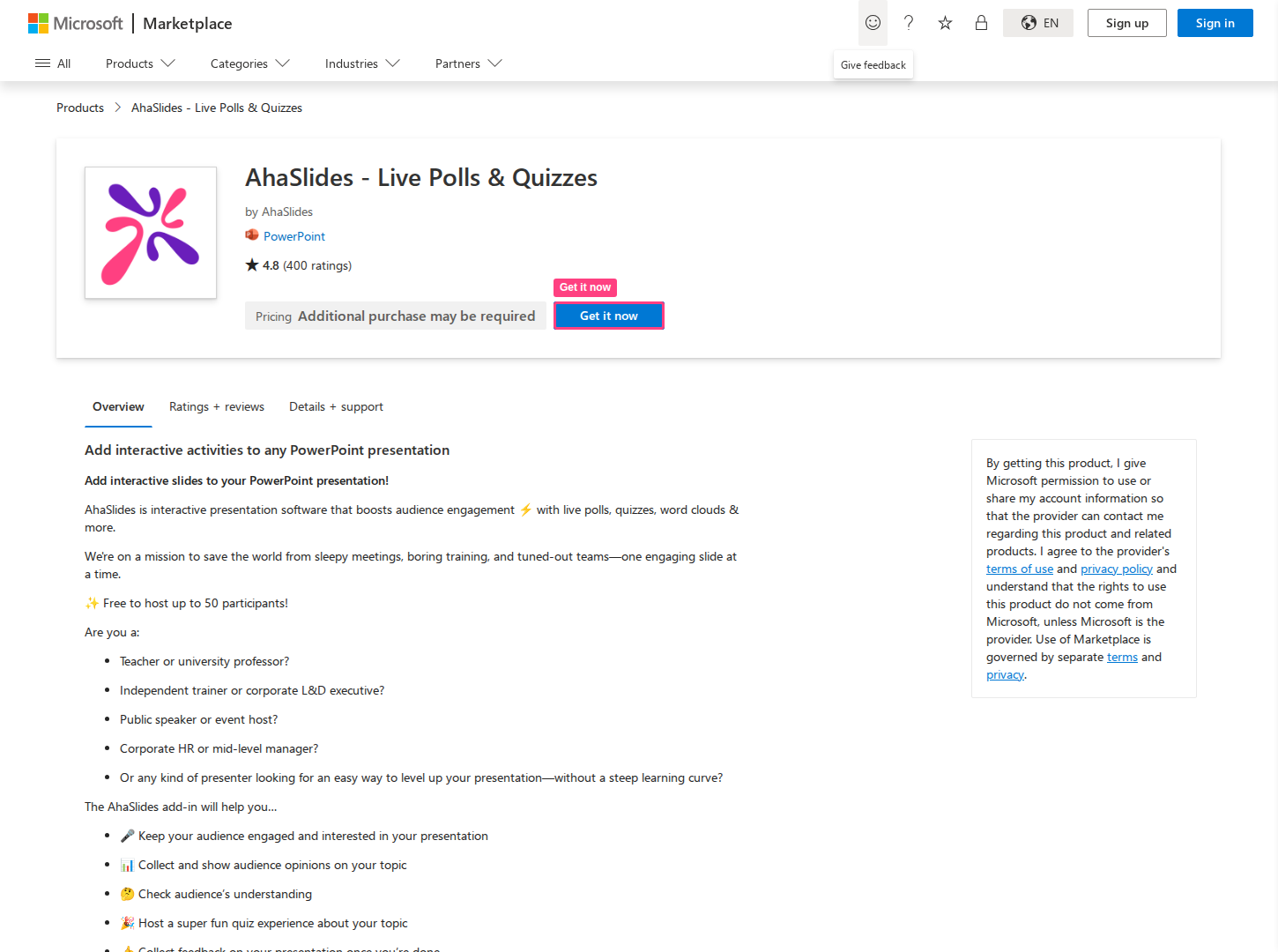 Hình ảnh tiện ích bổ sung AhaSlides Live Polls and Quizzes trên Microsoft Marketplace với nút "Tải xuống ngay" được tô sáng.
