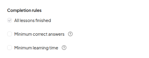 Completion rules in AhaSlides course settings: All lessons finished, Minimum correct answers and Minimum learning time