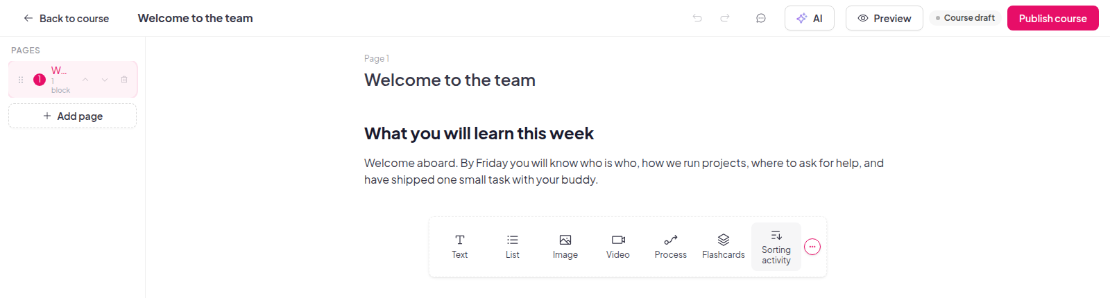 AhaSlides lesson editor with a pages sidebar, a text block and the block bar: Text, List, Image, Video, Process, Flashcards and Sorting activity
