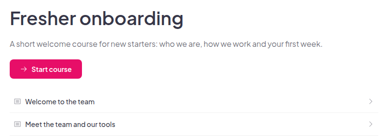 Preview of an AhaSlides course as a learner sees it, with a Start course button and the lesson list