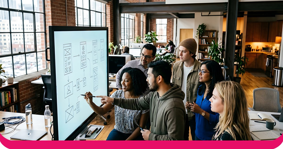 सिस्टम फ्लोचार्ट दिखाने वाली स्क्रीन के चारों ओर इंजीनियरिंग टीम एकत्रित हुई और आर्किटेक्चर डिजाइन पर चर्चा करने लगी।