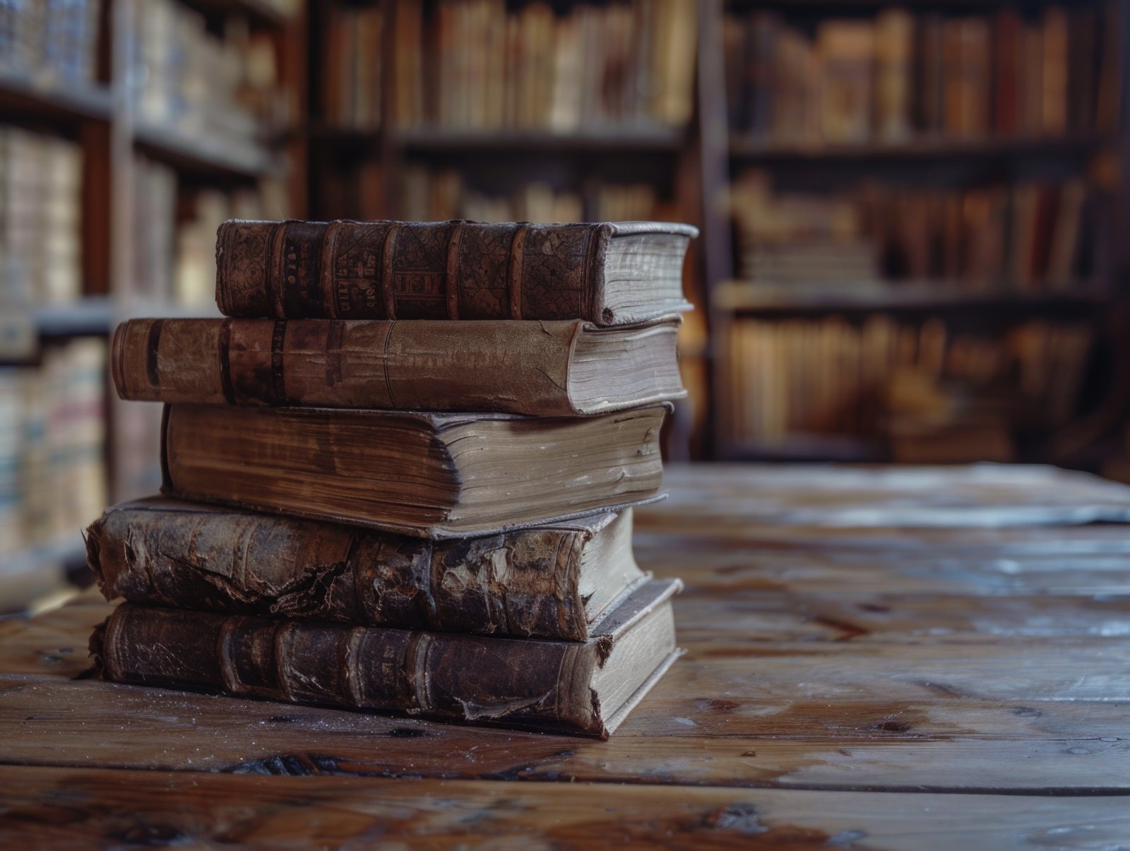 Stack of old leatherbound books on a wooden table in front of library shelves