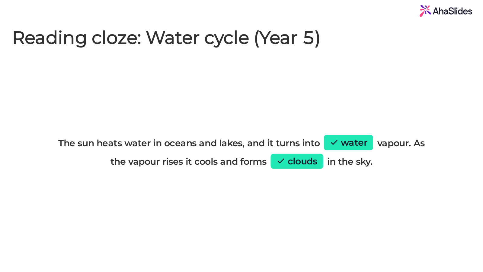 AhaSlides Fill in the Blanks slide with a Year 5 water cycle cloze, correct answers revealed