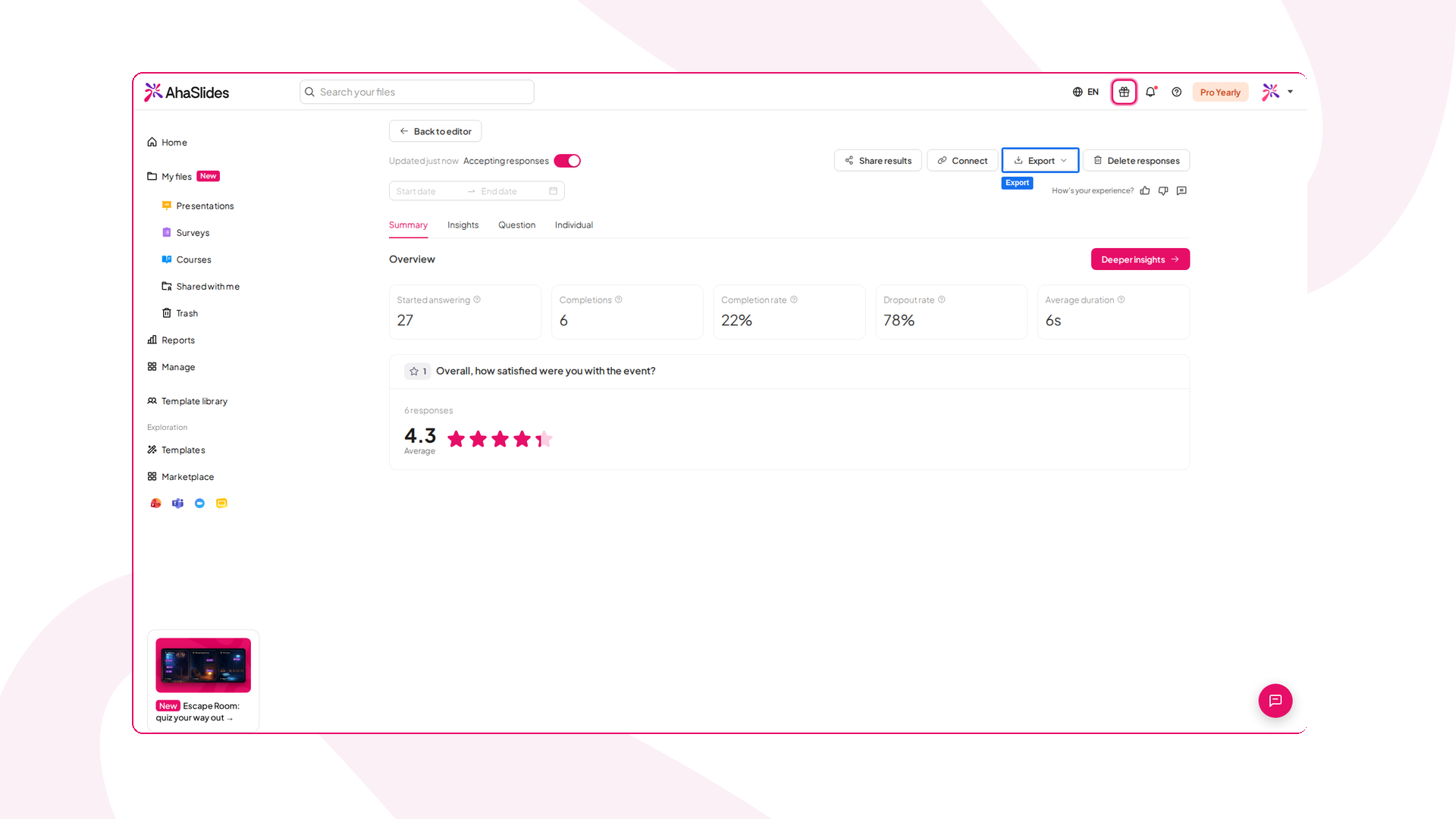 Ang AhaSlides Survey results page with the summary of started answering, completions, completion rate, dropout rate and average duration, and the Export button highlighted