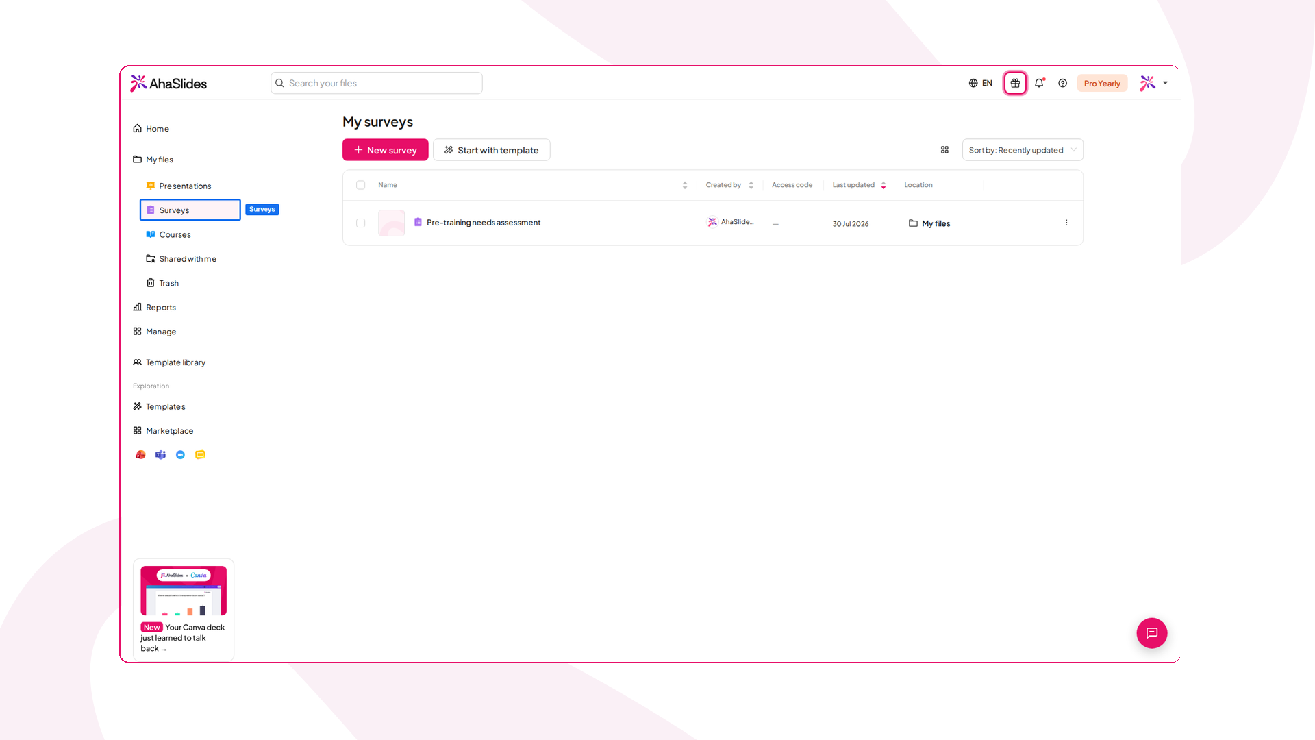 Ang AhaSlides dashboard with Surveys highlighted in the left-hand menu and a My surveys list with New survey and Start with template buttons