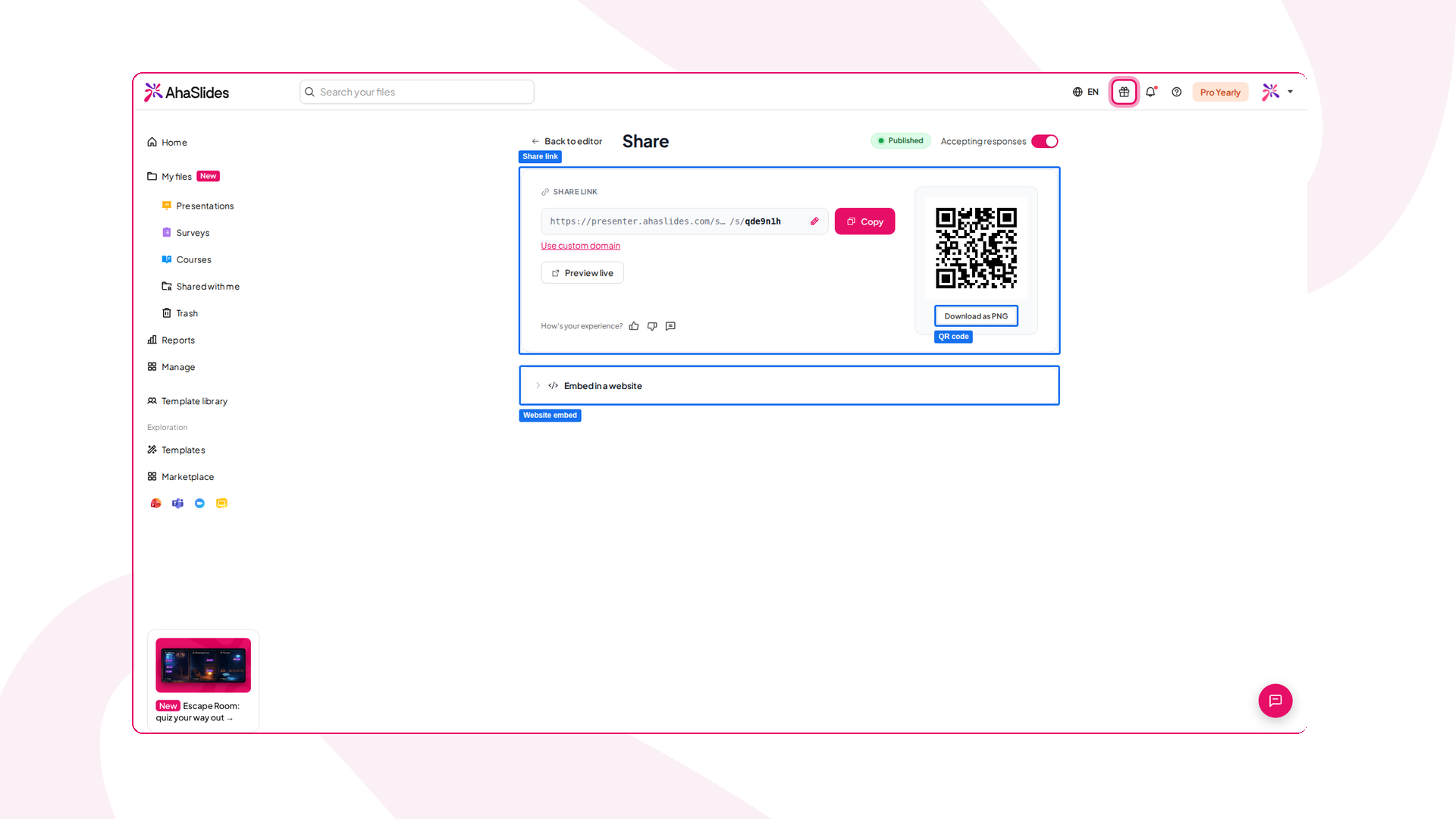 Ang AhaSlides Survey Share page with the share link, QR code and Embed in a website option highlighted