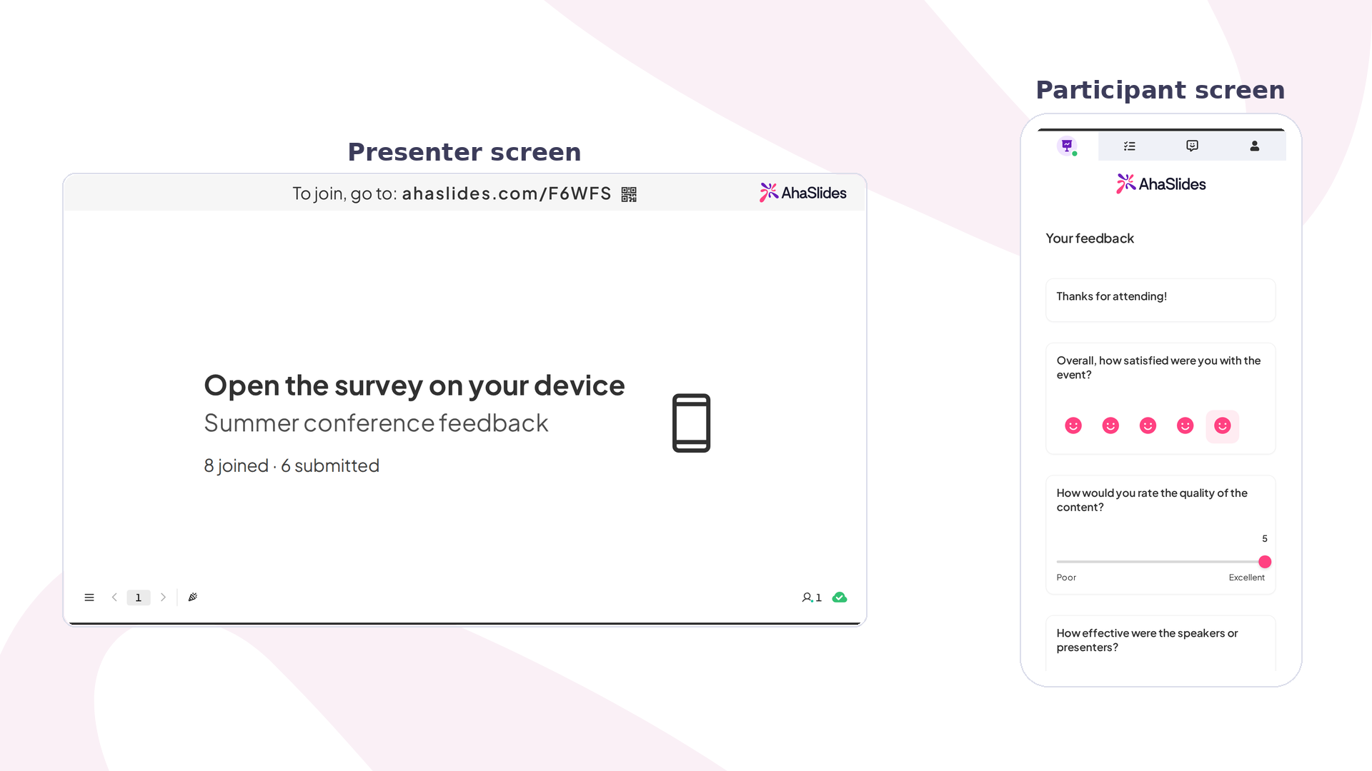 An AhaSlides Survey slide on the presenter screen with the join link and QR code, and the survey questions on a participant phone