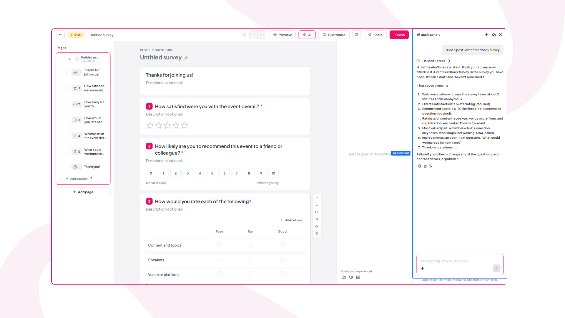 Ang AhaSlides Survey editor with the AI assistant panel open, after it drafted a seven-question post-event feedback survey