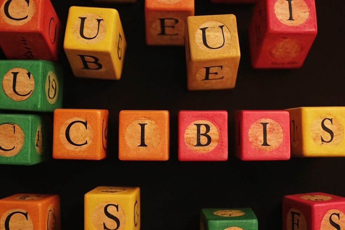 Colourful wooden letter blocks scattered on a dark table, the raw material for a word or rebus puzzle