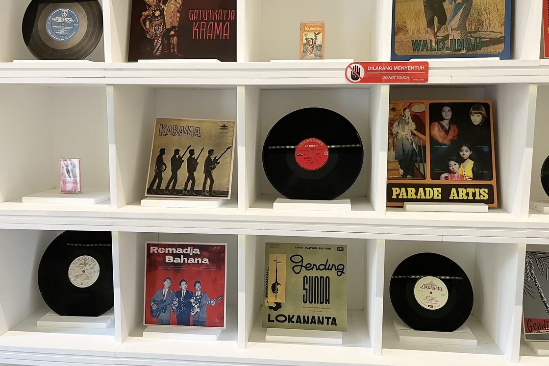 White shelves displaying vinyl records and sleeves from vintage albums