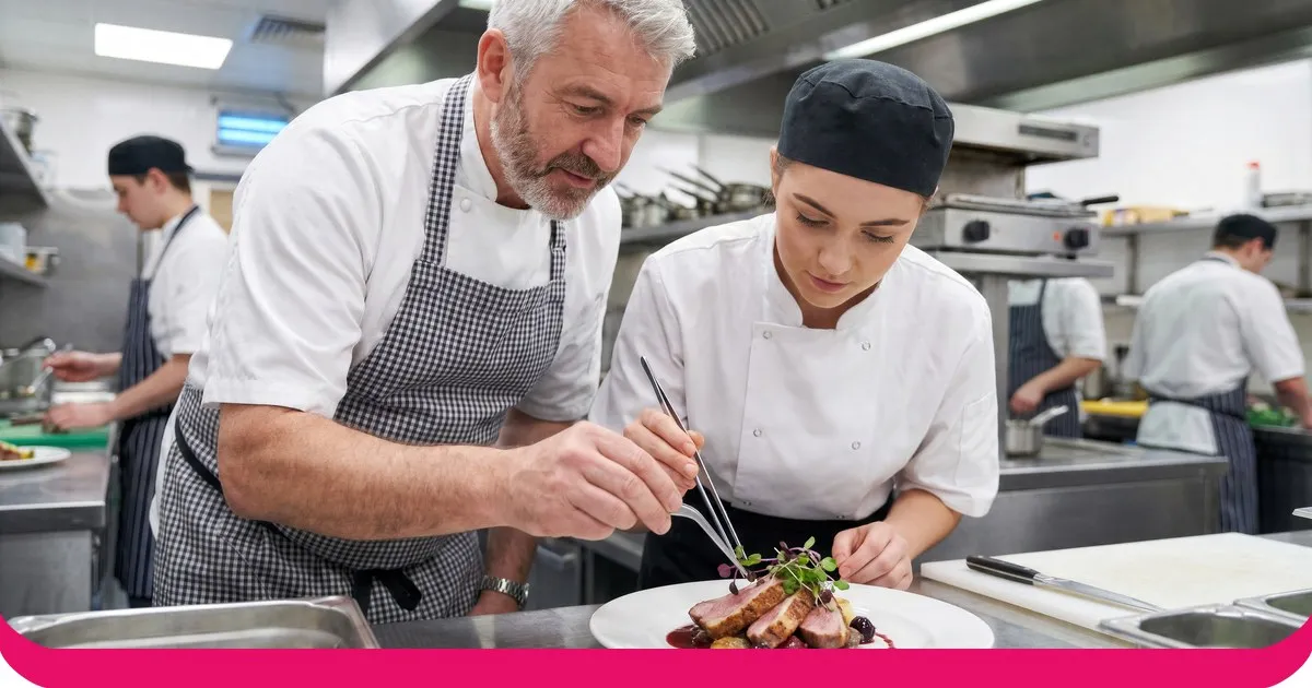 Head chef guiding a young cook as she plates a dish in a restaurant kitchen