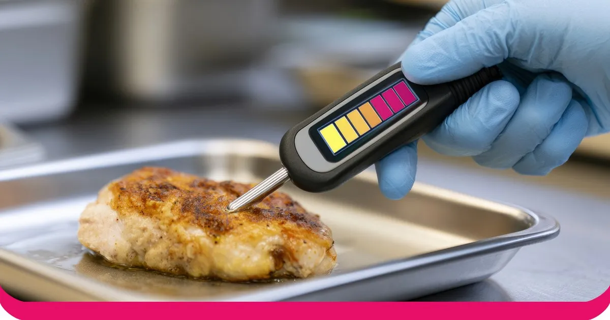 Ein Koch überprüft in einer Restaurantküche die Kerntemperatur von gegartem Hähnchen mit einem Einstichthermometer.