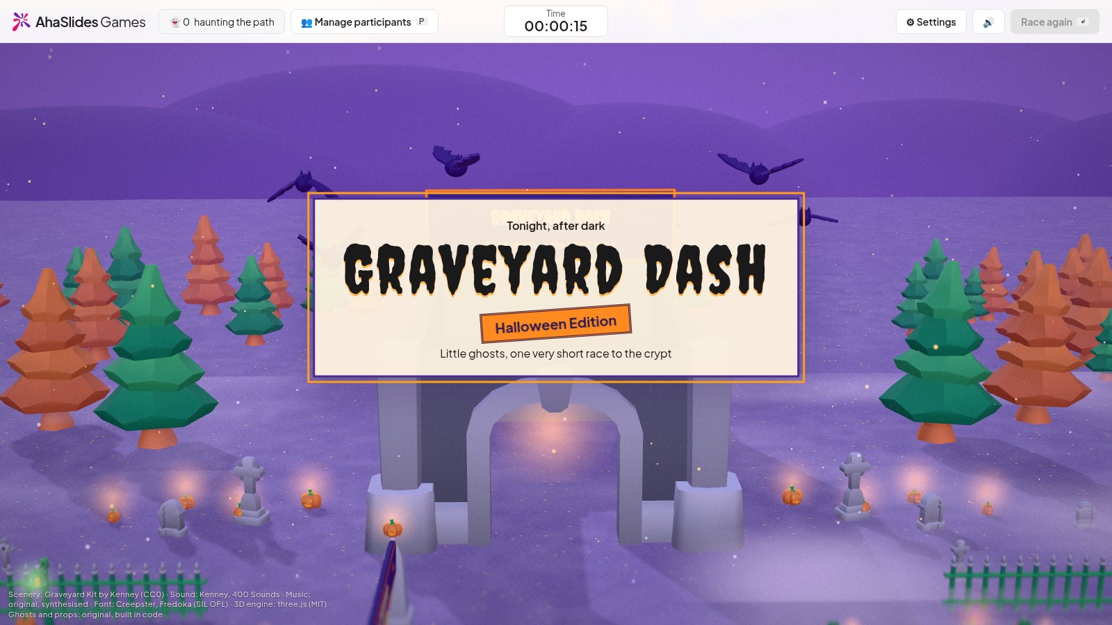 Graveyard Dash Halloween Edition Titelkarte auf AhaSlides Spiele über einem lila Friedhof mit Kürbissen, Grabsteinen und Fledermäusen