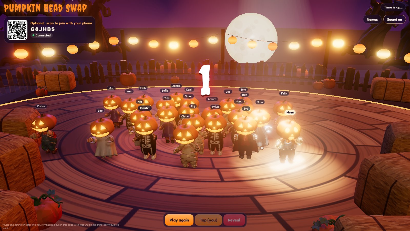 Pumpkin Head Swap on AhaSlides Games: dancers in glowing pumpkin heads under a full moon, with a spotlight and a countdown at 1 before it picks a player