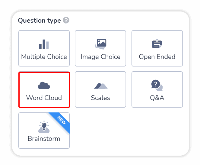 Choosing a live word cloud question type on the AhaSlides editor