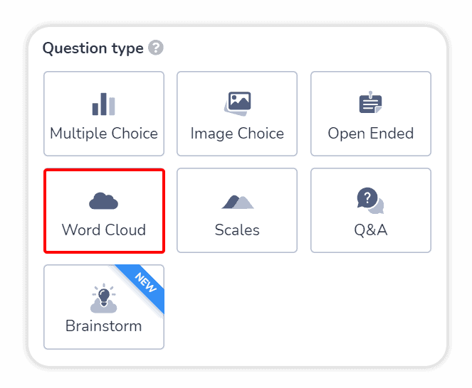 การเลือกประเภทคำถาม Word Cloud แบบสดในตัวแก้ไข AhaSlides