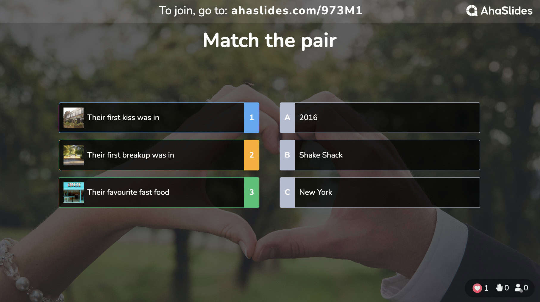 ahaslides wedding quiz match the pair