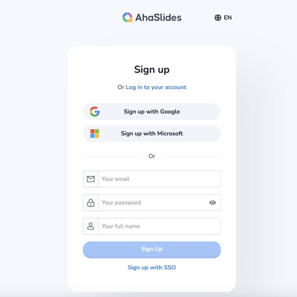 AhaSlides sign up page