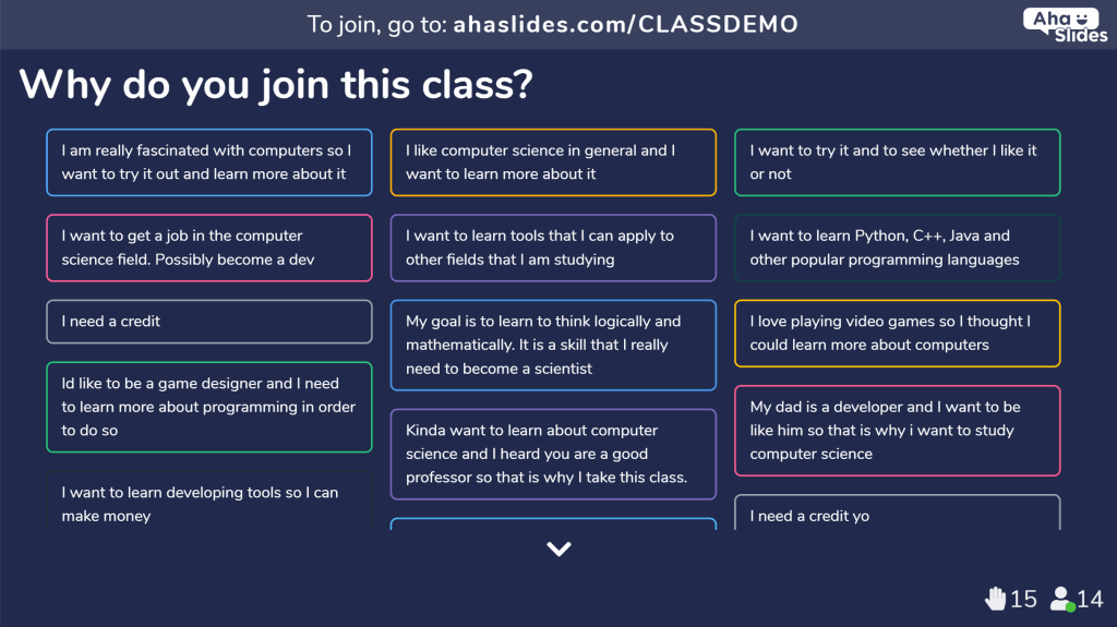 Met behulp van AhaSlides 'live peilingen met een open einde om meer te weten te komen over de verwachtingen van uw studenten en om uw klas interactief te maken