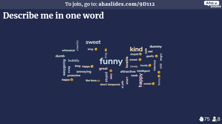 A word cloud slide to elicit one-word descriptions - part of the ultimate best friend quiz.