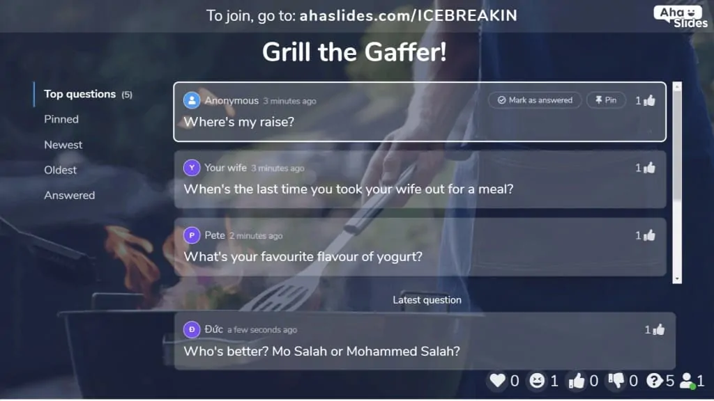 Grill the gaffer - отличный ледокол для виртуальных встреч, чтобы уравнять правила игры между боссом и сотрудниками