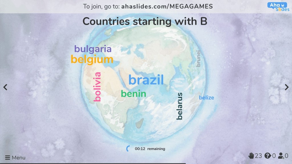 Een woordwolk-dia met de meest populaire en minst populaire antwoorden voor landen die beginnen met B.