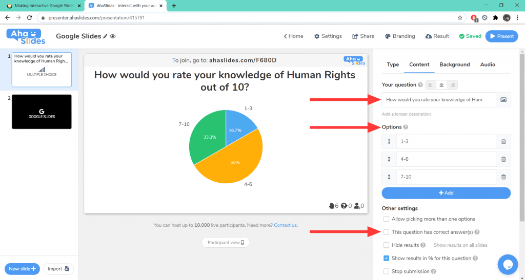 Välja din enkätfråga, alternativ och avmarkera rätt svar på AhaSlides.