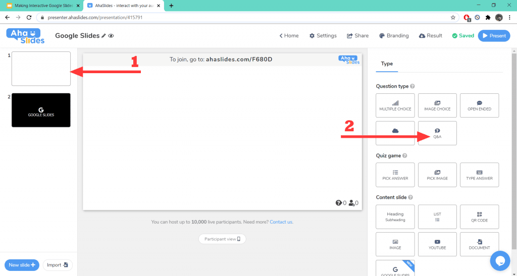 Making a Q&A on an interactive Google Slides presentation on AhaSlides.