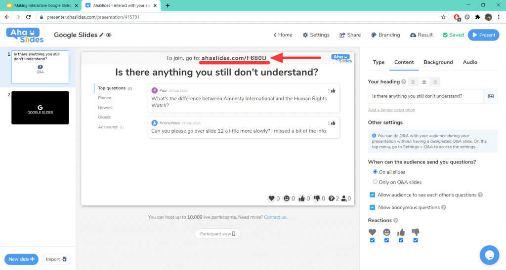 Configurar el código de habitación para una sesión de preguntas y respuestas en AhaSlides.