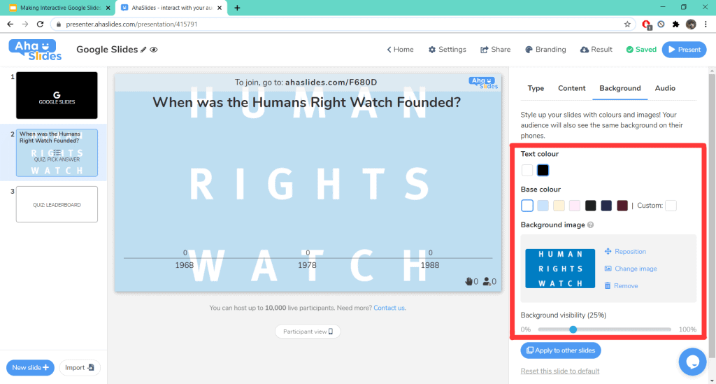 Postavljanje pozadine za kviz na interaktivnoj prezentaciji Google prezentacija na AhaSlides-u.
