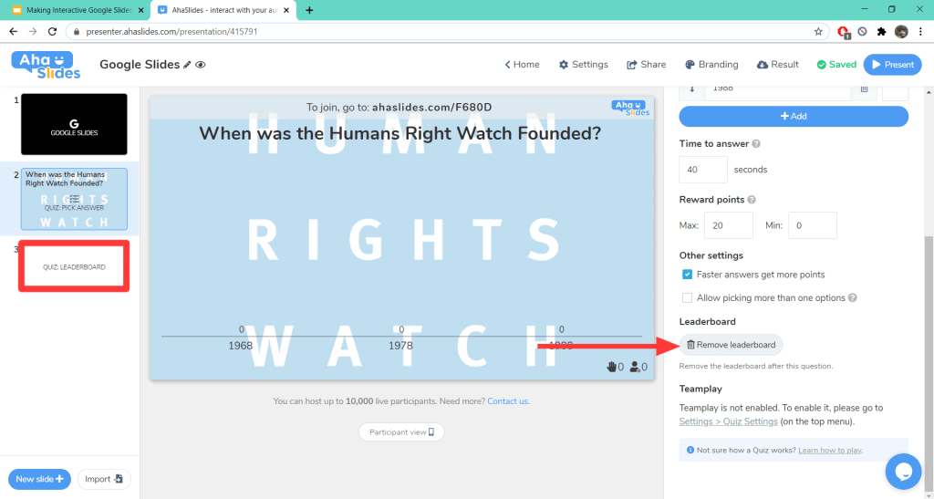 Hoe u het scorebord van uw quizdia op AhaSlides verwijdert.