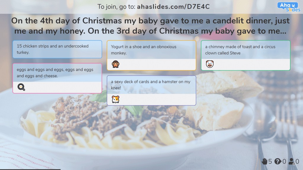 Beende den Text als virtuellen Eisbrecher für eine virtuelle Weihnachtsfeier.