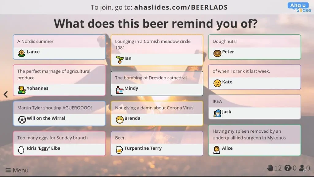 Sanal bir bira tadımı sırasında fikirleri toplamak için açık uçlu bir slayt.