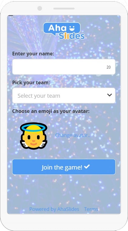 Player view when joining a quiz on AhaSlides.