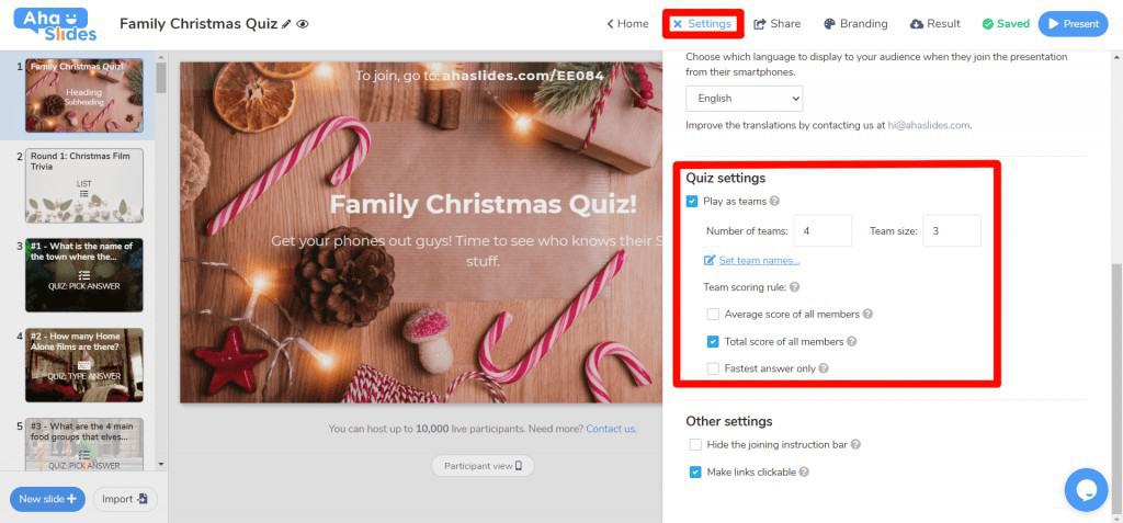 Transformer un quiz de Noël en famille en solo en un quiz d'équipe sur AhaSlides.