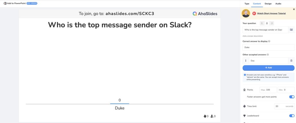 AhaSlides'ta kısa cevap slaytını seçme