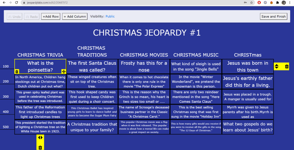Výroba desky Jeopardy pro virtuální večírek pomocí laboratoří Jeopardy.