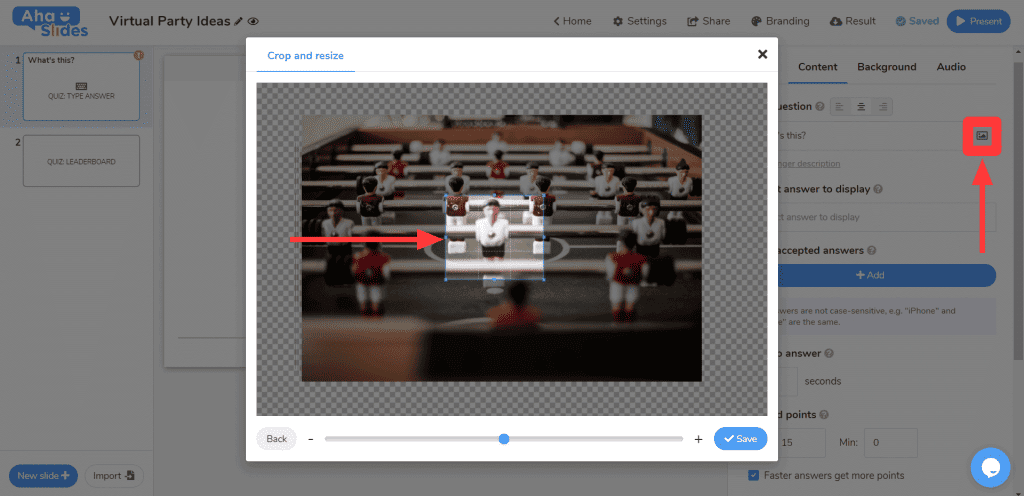 Choosing an image to make the picture close-up game for a virtual party using AhaSlides.