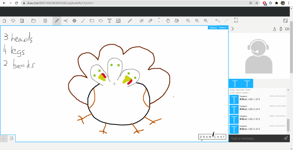 Drawing a monster turkey during a virtual Thanksgiving party.