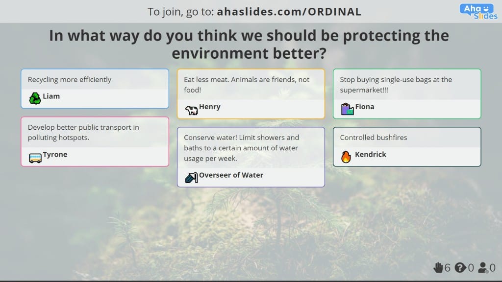 Enquete aberta sobre proteção ambiental, feita no AhaSlides.