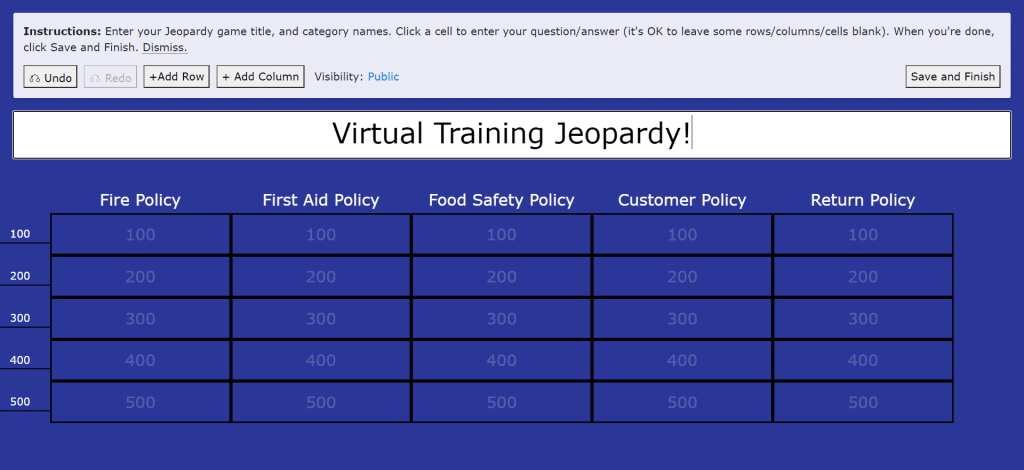 Usando o Jeopardy para questionar os trainees em uma sessão de treinamento virtual