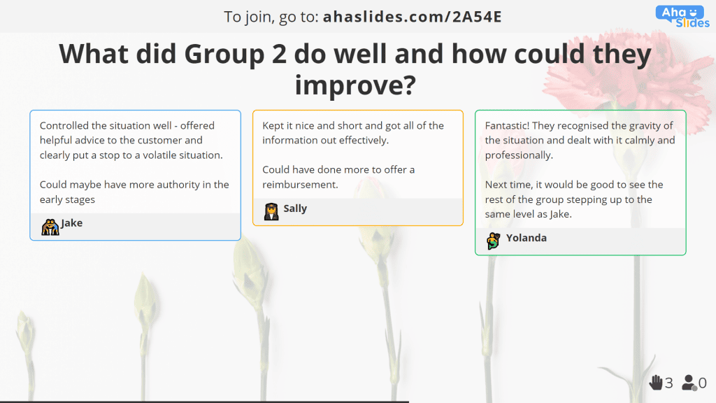 usando um slide aberto no AhaSlides para dar feedback em uma sessão de treinamento virtual.