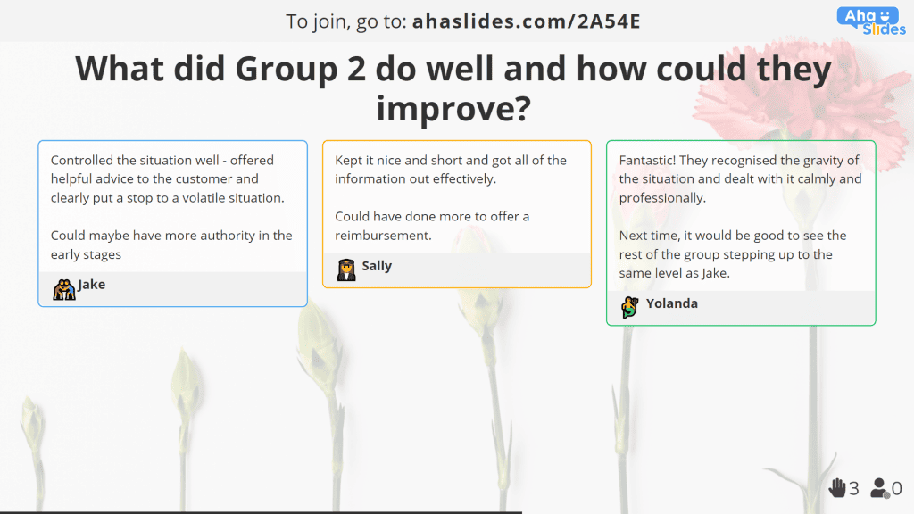 een dia met een open einde op AhaSlides gebruiken om feedback te geven tijdens een virtuele trainingssessie.