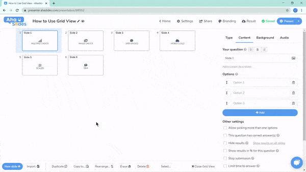 Selecting multiple slides on AhaSlides' Grid View feature