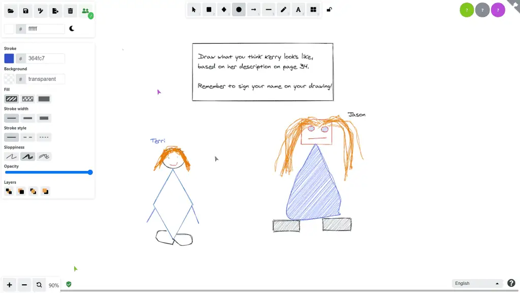 استفاده از Excalidraw برای نشان دادن شخصیت ها یا نقاط طرح در طول یک باشگاه کتاب مدرسه مجازی.
