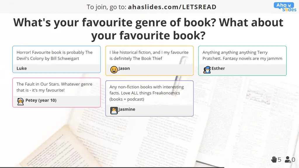 استفاده از سوالات باز برای نظرسنجی از خوانندگان جوان قبل از یک باشگاه کتاب مدرسه مجازی.