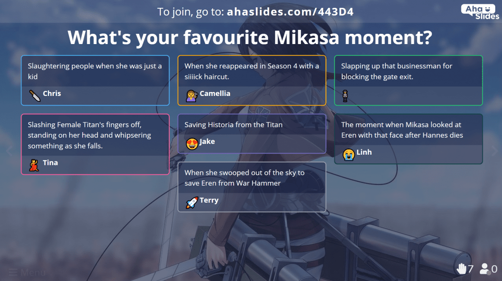 Usando um slide aberto para falar sobre os momentos favoritos de Mikasa em Ataque a Titã
