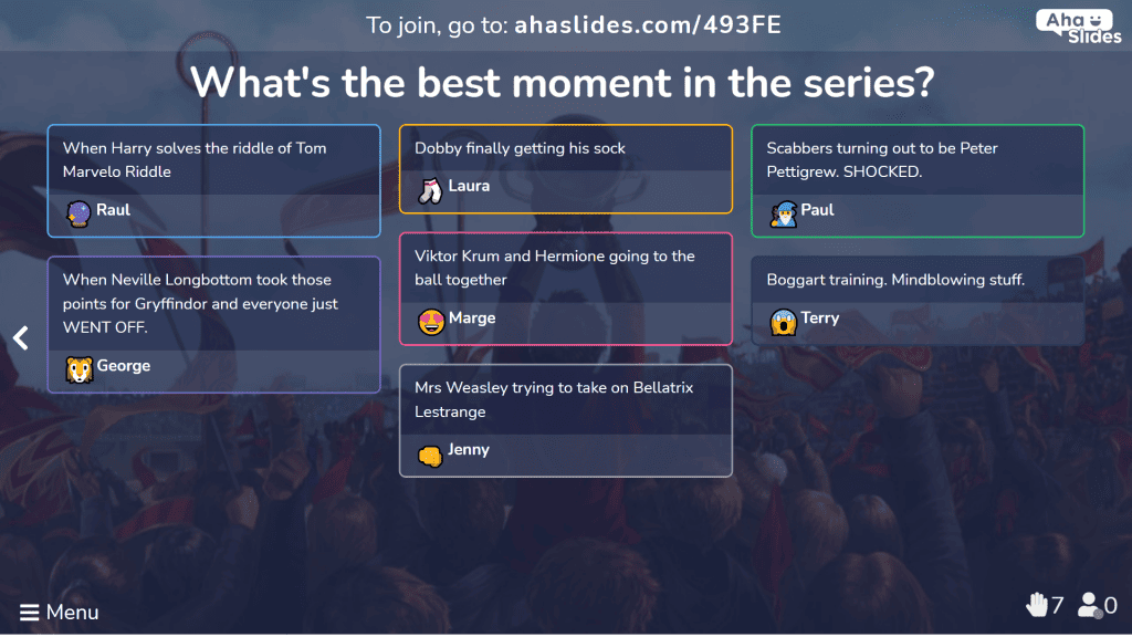 باستخدام شريحة AhaSlides المفتوحة لسؤال أفراد الجمهور عن لحظاتهم المفضلة في سلسلة هاري بوتر ،