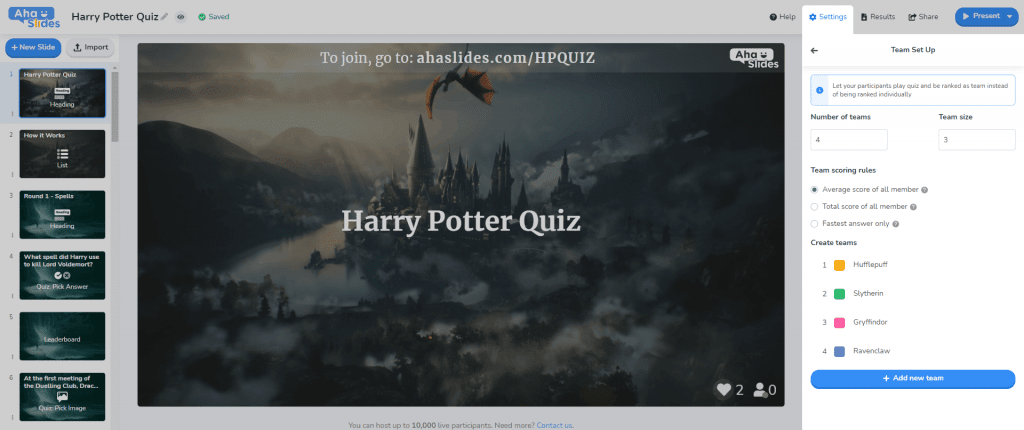 Setting up teams on AhaSlides' downloadable Harry Potter quiz.